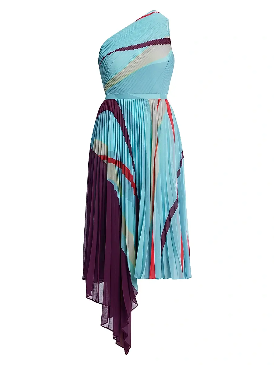 BCBGMAXAZRIA Women's Printed Pleated Midi-Dress - Seafoam Floating Ribbons | Image 1 BCBGMAXAZRIA Women's Printed Pleated Midi-Dress - Seafoam Floating Ribbons | Image 1