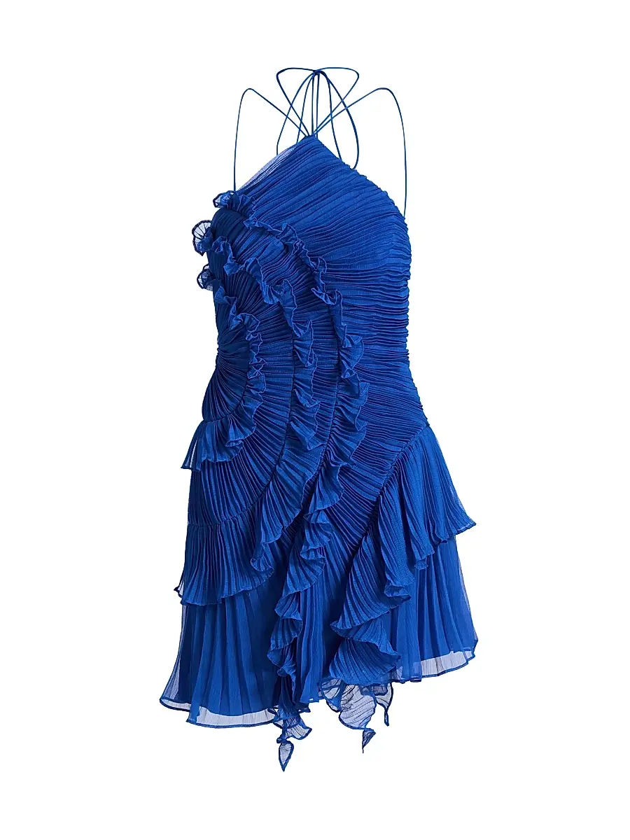 AMUR Women's Velora Asymmetric Ruffled Halterneck Minidress - Cobalt | Image 1 AMUR Women's Velora Asymmetric Ruffled Halterneck Minidress - Cobalt | Image 1
