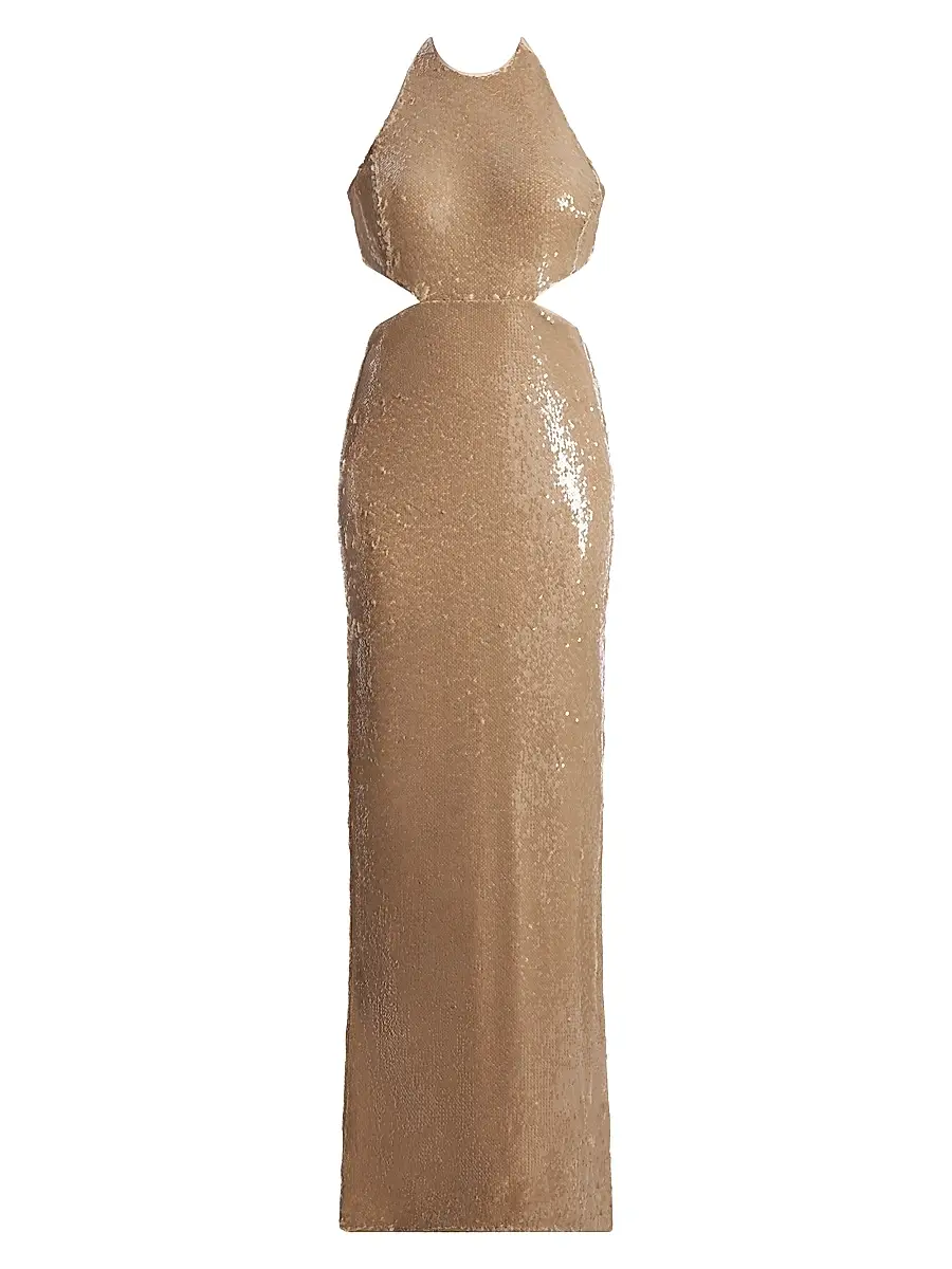 BCBGMAXAZRIA Women's Sequined Cut-Out Halter Gown - Almond - Size 12 | Image 1 BCBGMAXAZRIA Women's Sequined Cut-Out Halter Gown - Almond - Size 12 | Image 1