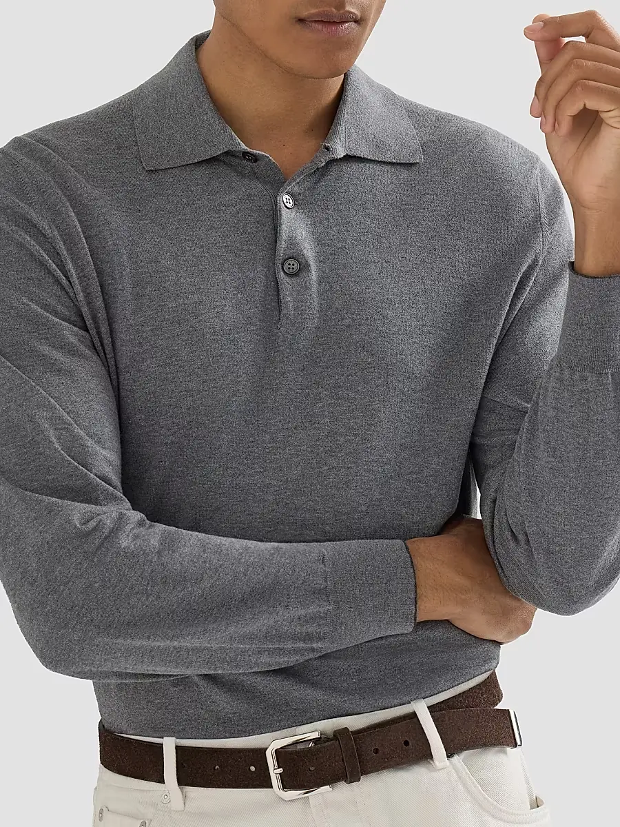 Brunello Cucinelli Men's Cotton Lightweight Knit Polo Shirt | Thumbnail 5 Brunello Cucinelli Men's Cotton Lightweight Knit Polo Shirt | Thumbnail 5