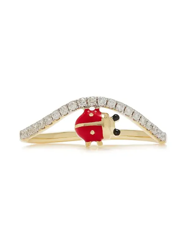 Yvonne Léon Mini Ladybug 9K Yellow Gold Diamond Wave Ring