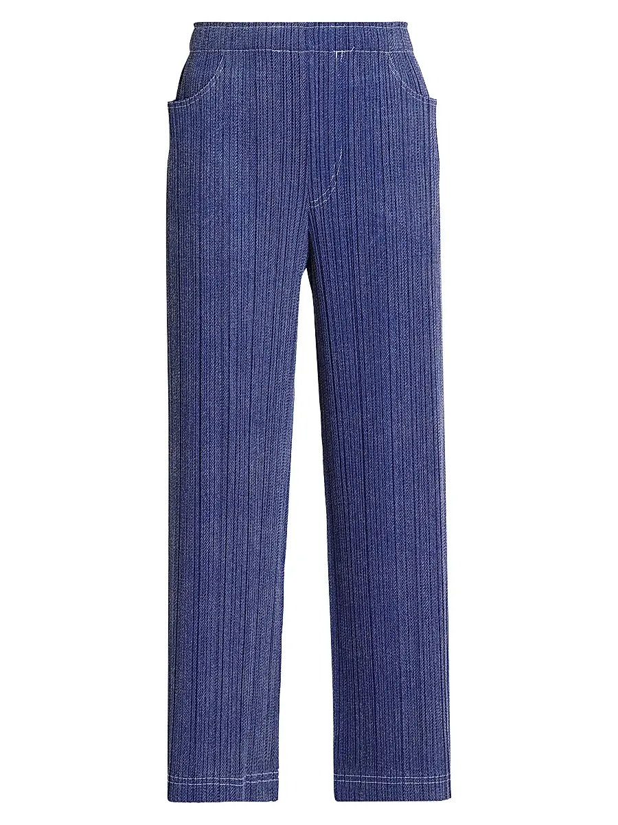 Pleats Please Issey Miyake Women's Denim-Look Plissé Pants - Navy - Size Large | Image 1 Pleats Please Issey Miyake Women's Denim-Look Plissé Pants - Navy - Size Large | Image 1