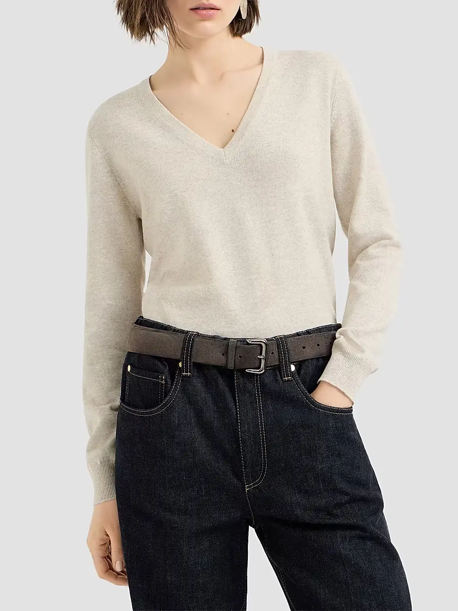 Brunello Cucinelli Women's Cashmere Sweater with Monili - Oat | Thumbnail 2 Brunello Cucinelli Women's Cashmere Sweater with Monili - Oat | Thumbnail 2