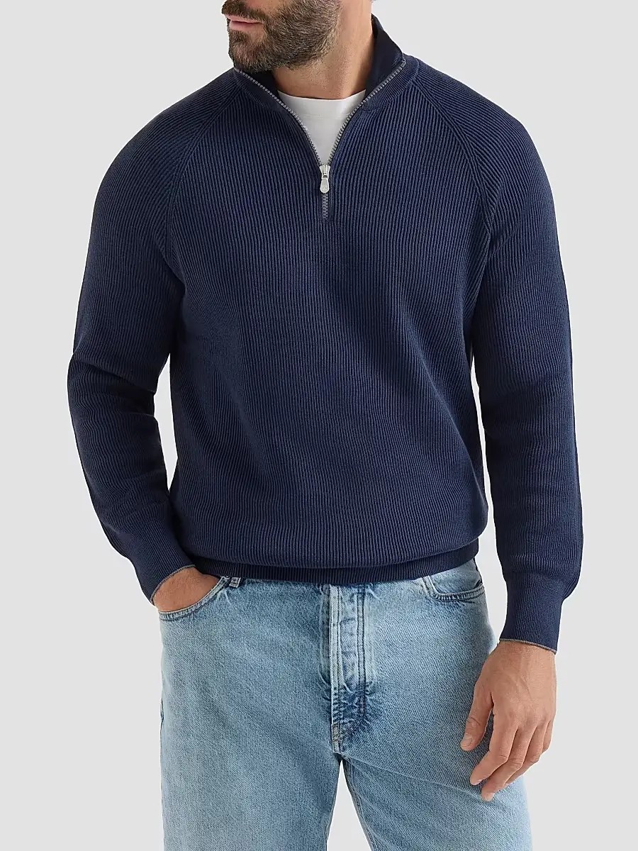 Brunello Cucinelli Men's Cotton English Rib Sweater with Half Zip - Navy Blue | Thumbnail 2 Brunello Cucinelli Men's Cotton English Rib Sweater with Half Zip - Navy Blue | Thumbnail 2