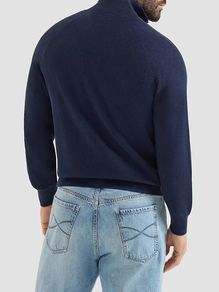 Brunello Cucinelli Men's Cotton English Rib Sweater with Half Zip - Navy Blue | Thumbnail 3 Brunello Cucinelli Men's Cotton English Rib Sweater with Half Zip - Navy Blue | Thumbnail 3