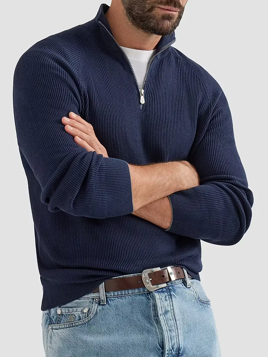 Brunello Cucinelli Men's Cotton English Rib Sweater with Half Zip - Navy Blue | Thumbnail 4 Brunello Cucinelli Men's Cotton English Rib Sweater with Half Zip - Navy Blue | Thumbnail 4