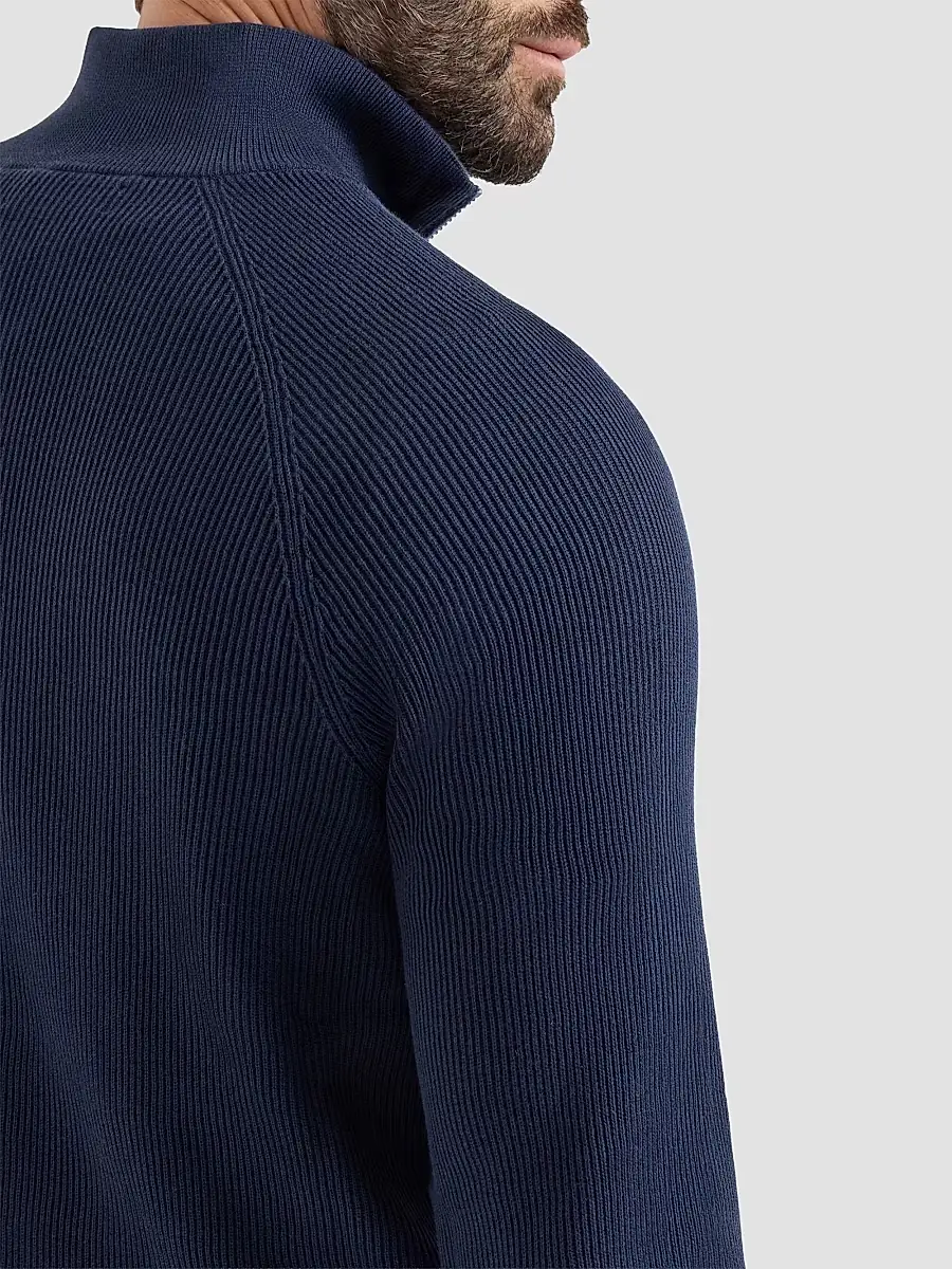 Brunello Cucinelli Men's Cotton English Rib Sweater with Half Zip - Navy Blue | Thumbnail 5 Brunello Cucinelli Men's Cotton English Rib Sweater with Half Zip - Navy Blue | Thumbnail 5
