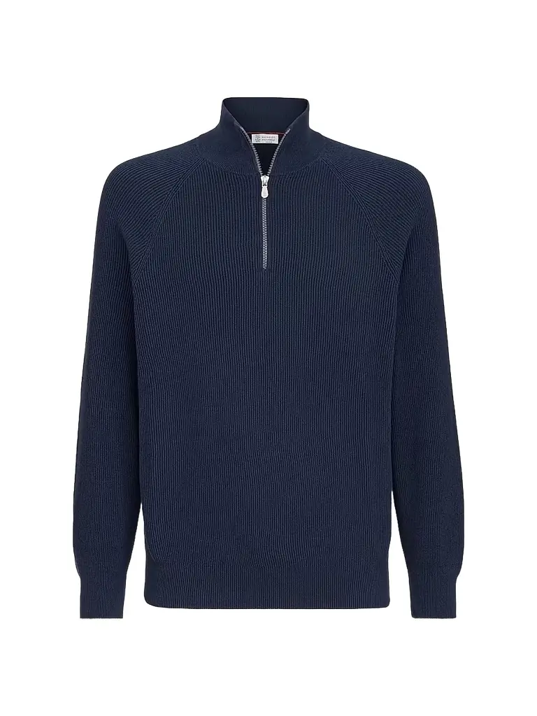 Brunello Cucinelli Men's Cotton English Rib Sweater with Half Zip - Navy Blue