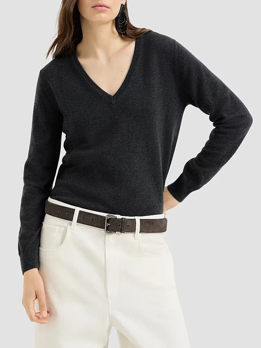 Brunello Cucinelli Women's Cashmere Sweater with Monili - Lignite Grey | Thumbnail 2 Brunello Cucinelli Women's Cashmere Sweater with Monili - Lignite Grey | Thumbnail 2