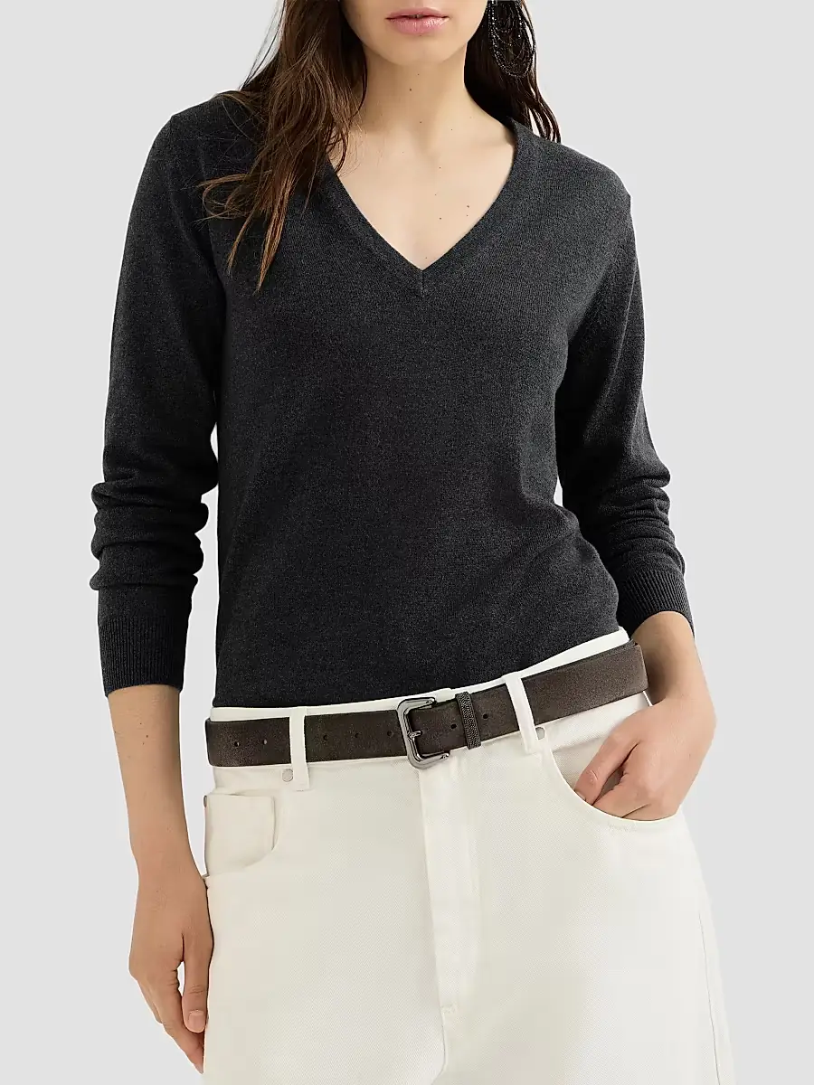 Brunello Cucinelli Women's Cashmere Sweater with Monili - Lignite Grey | Thumbnail 4 Brunello Cucinelli Women's Cashmere Sweater with Monili - Lignite Grey | Thumbnail 4