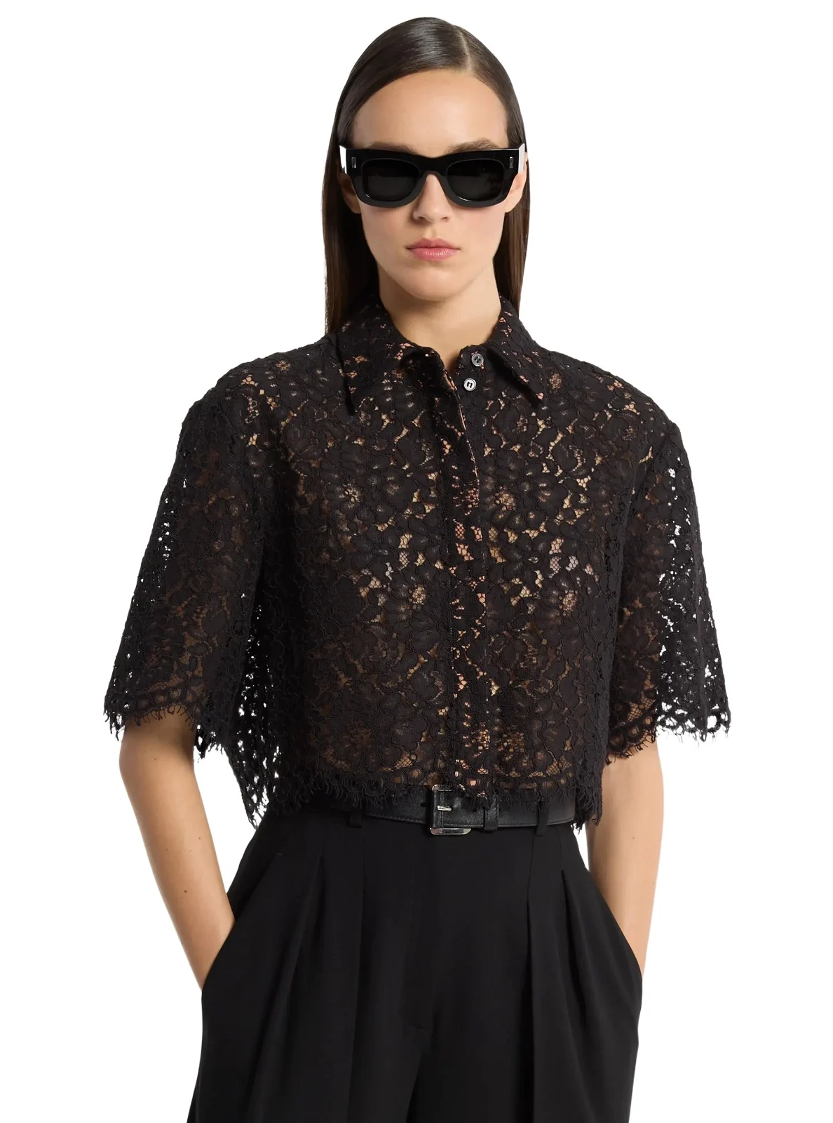 Michael Kors Collection Floral Corded Lace Cropped Shirt in Black