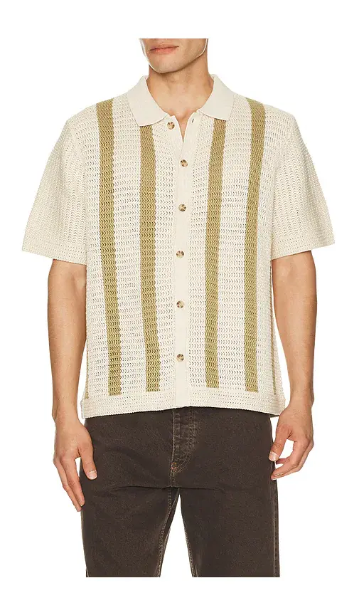 Vince Stripe Crochet Short Sleeve Button Down Shirt | Image 1 Vince Stripe Crochet Short Sleeve Button Down Shirt | Image 1