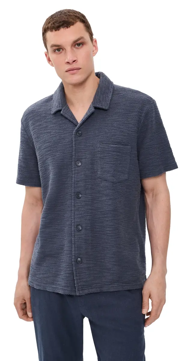 Marine Layer Cam Jacquard Resort Shirt Navy | Image 1 Marine Layer Cam Jacquard Resort Shirt Navy | Image 1
