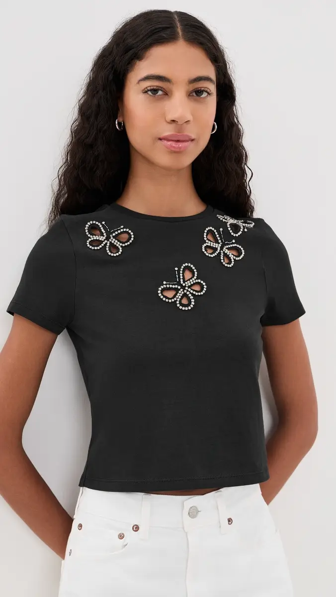 Alice + Olivia Cindy Embellished Cropped Tee with Cutouts Black/Silver Crystal | Thumbnail 2 Alice + Olivia Cindy Embellished Cropped Tee with Cutouts Black/Silver Crystal | Thumbnail 2