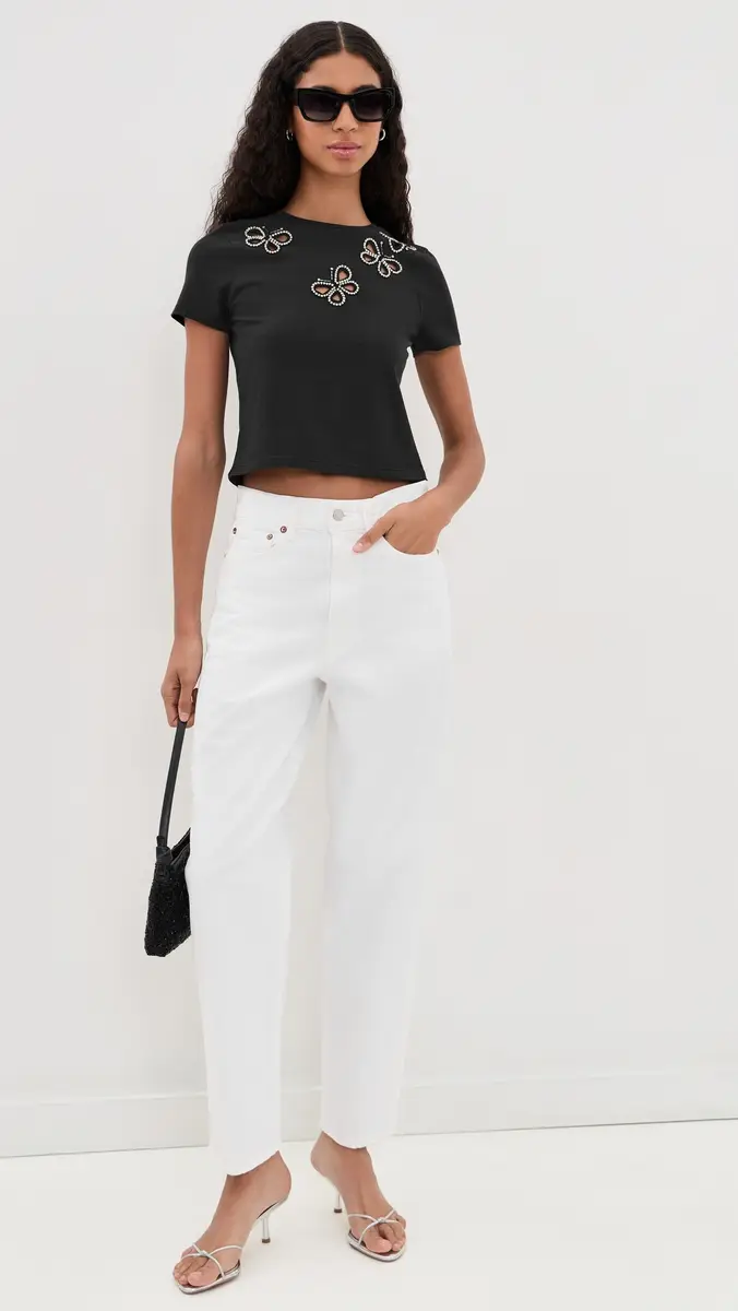 Alice + Olivia Cindy Embellished Cropped Tee with Cutouts Black/Silver Crystal | Thumbnail 5 Alice + Olivia Cindy Embellished Cropped Tee with Cutouts Black/Silver Crystal | Thumbnail 5