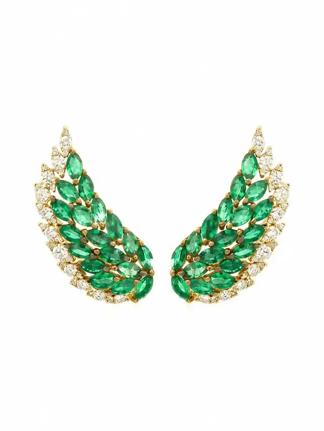 3.32ct Diamond Emerald 14K Gold Wing Climber Earrings 3.32ct Diamond Emerald 14K Gold Wing Climber Earrings
