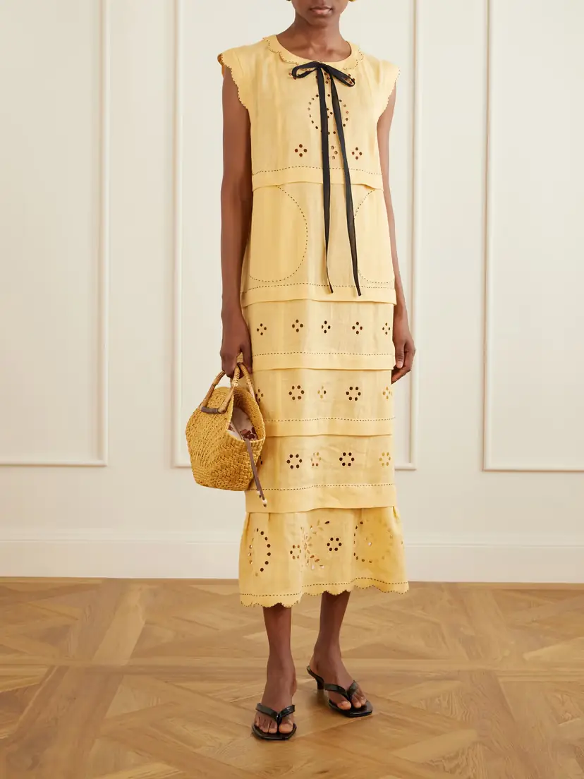 Vita Kin Kiki Tie-detailed Broderie Anglaise-trimmed Linen Midi Dress | Thumbnail 2