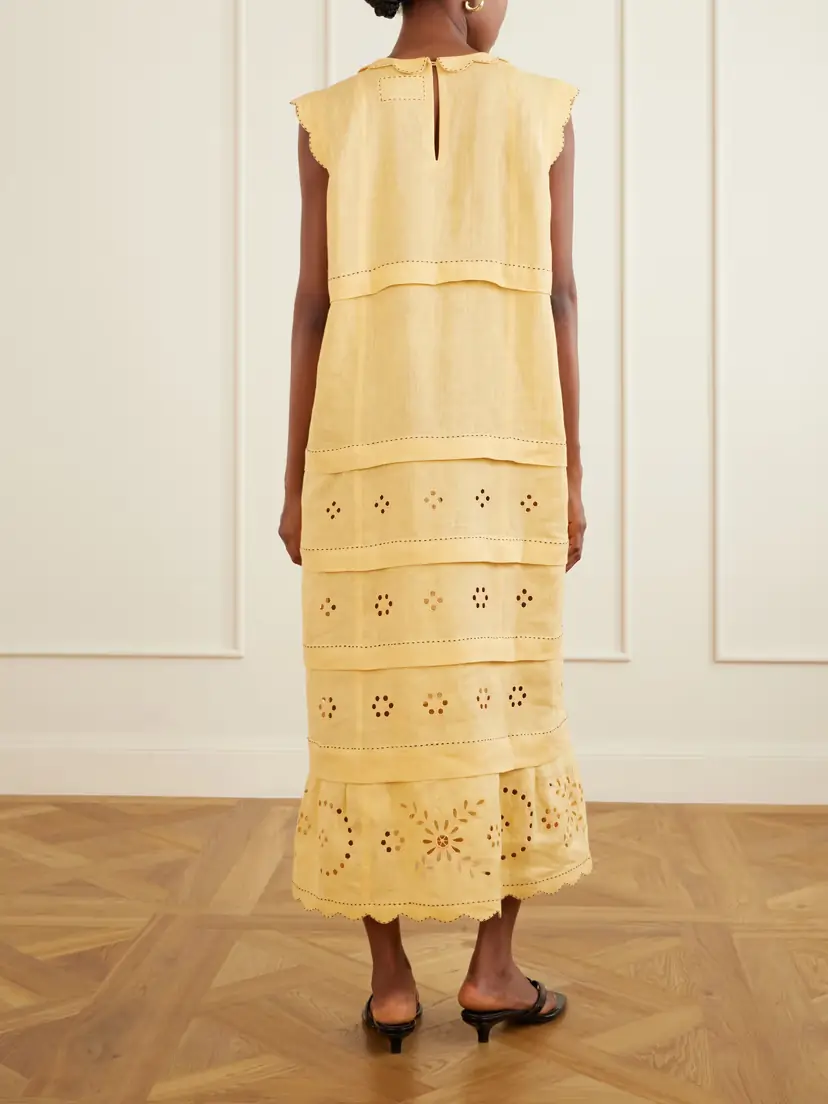 Vita Kin Kiki Tie-detailed Broderie Anglaise-trimmed Linen Midi Dress | Thumbnail 3