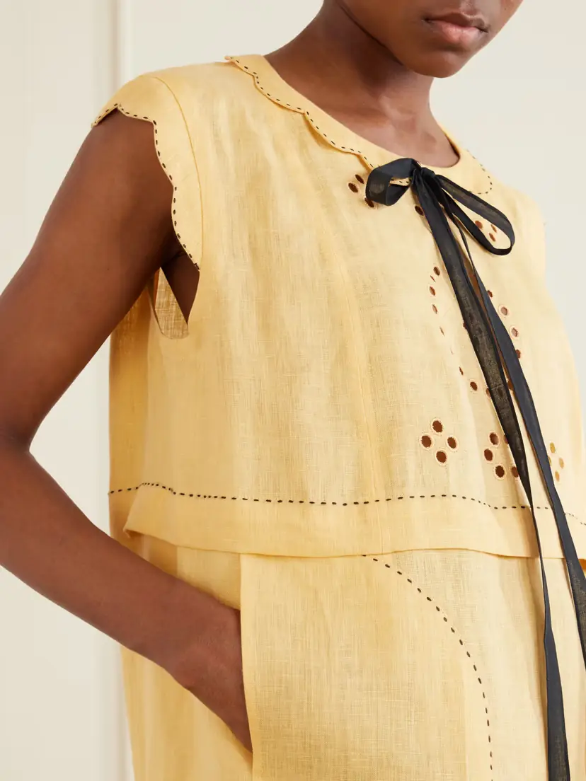 Vita Kin Kiki Tie-detailed Broderie Anglaise-trimmed Linen Midi Dress | Thumbnail 4