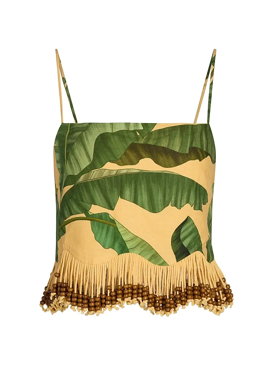 Farm Rio Women's Beaded Fringed Linen-Blend Top - Yellow - Size Large | Image 1 Farm Rio Women's Beaded Fringed Linen-Blend Top - Yellow - Size Large | Image 1