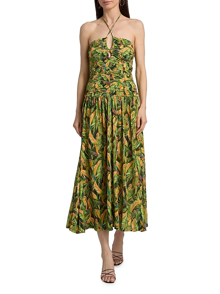 Farm Rio Women's Parrot-Print Ruched Midi Dress | Thumbnail 2 Farm Rio Women's Parrot-Print Ruched Midi Dress | Thumbnail 2