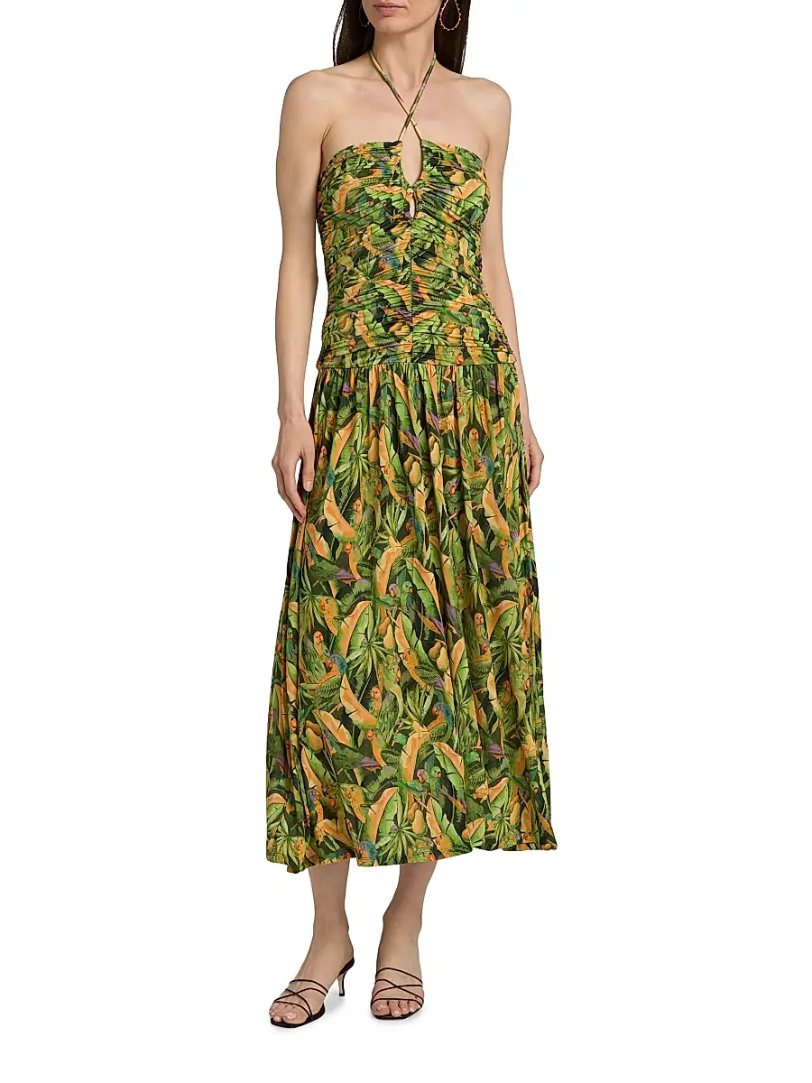 Farm Rio Women's Parrot-Print Ruched Midi Dress | Thumbnail 3 Farm Rio Women's Parrot-Print Ruched Midi Dress | Thumbnail 3