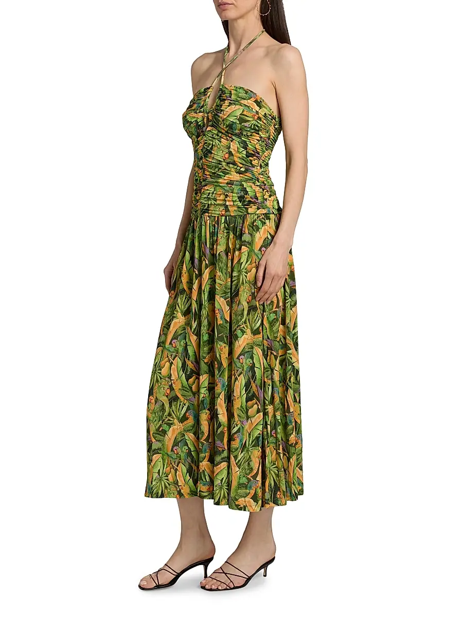 Farm Rio Women's Parrot-Print Ruched Midi Dress | Thumbnail 4 Farm Rio Women's Parrot-Print Ruched Midi Dress | Thumbnail 4