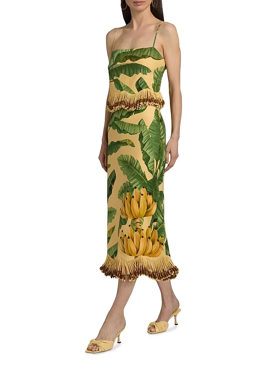Farm Rio Women's Beaded Fringed Printed Linen-Blend Midi-Skirt | Thumbnail 2