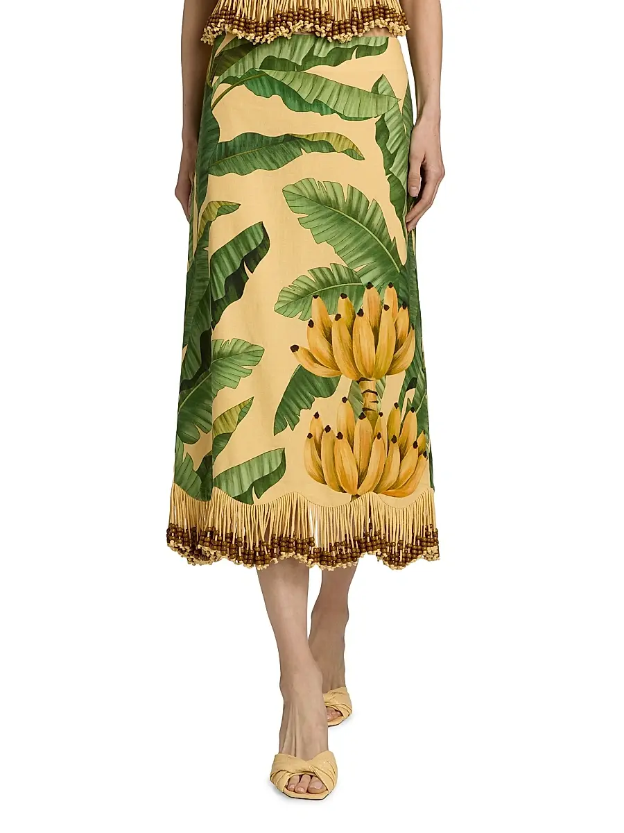 Farm Rio Women's Beaded Fringed Printed Linen-Blend Midi-Skirt | Thumbnail 3