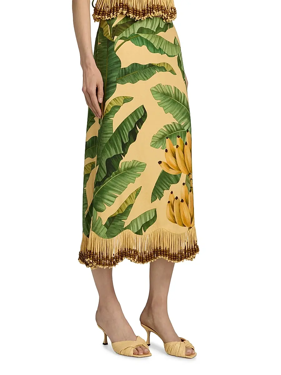 Farm Rio Women's Beaded Fringed Printed Linen-Blend Midi-Skirt | Thumbnail 4