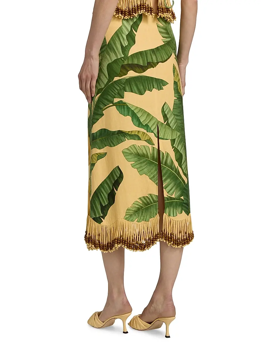 Farm Rio Women's Beaded Fringed Printed Linen-Blend Midi-Skirt | Thumbnail 5