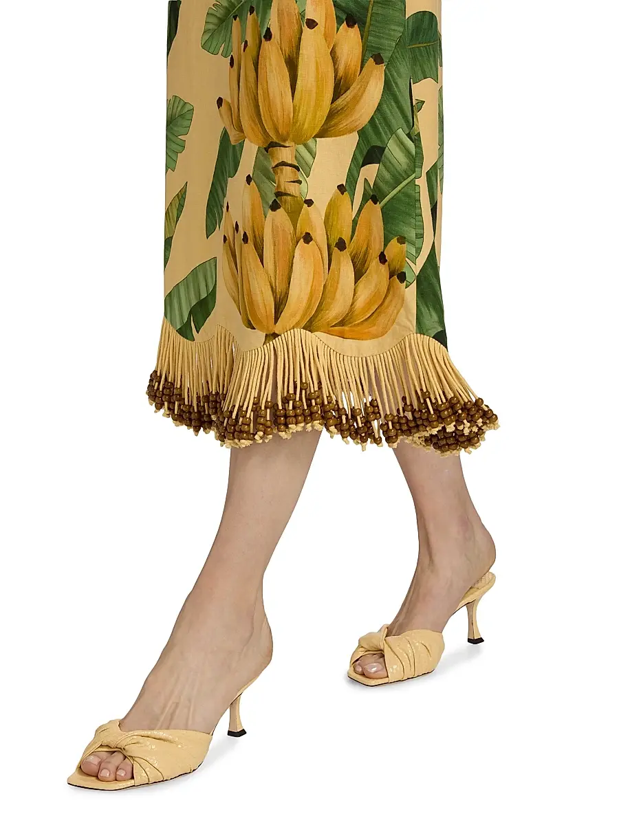 Farm Rio Women's Beaded Fringed Printed Linen-Blend Midi-Skirt | Thumbnail 6