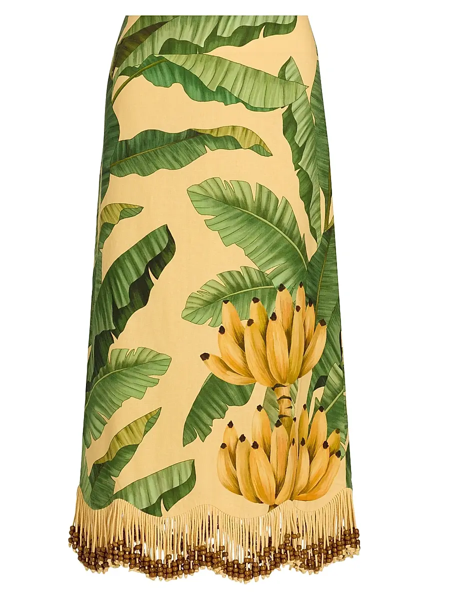 Farm Rio Women's Beaded Fringed Printed Linen-Blend Midi-Skirt - Yellow - Size XL | Image 1 Farm Rio Women's Beaded Fringed Printed Linen-Blend Midi-Skirt - Yellow - Size XL | Image 1