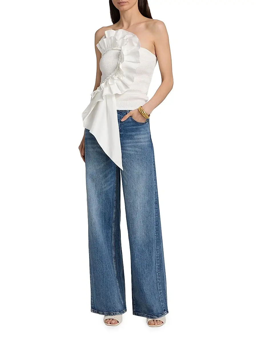 Farm Rio Women's Smocked Ruffled Cotton Strapless Top | Thumbnail 2 Farm Rio Women's Smocked Ruffled Cotton Strapless Top | Thumbnail 2