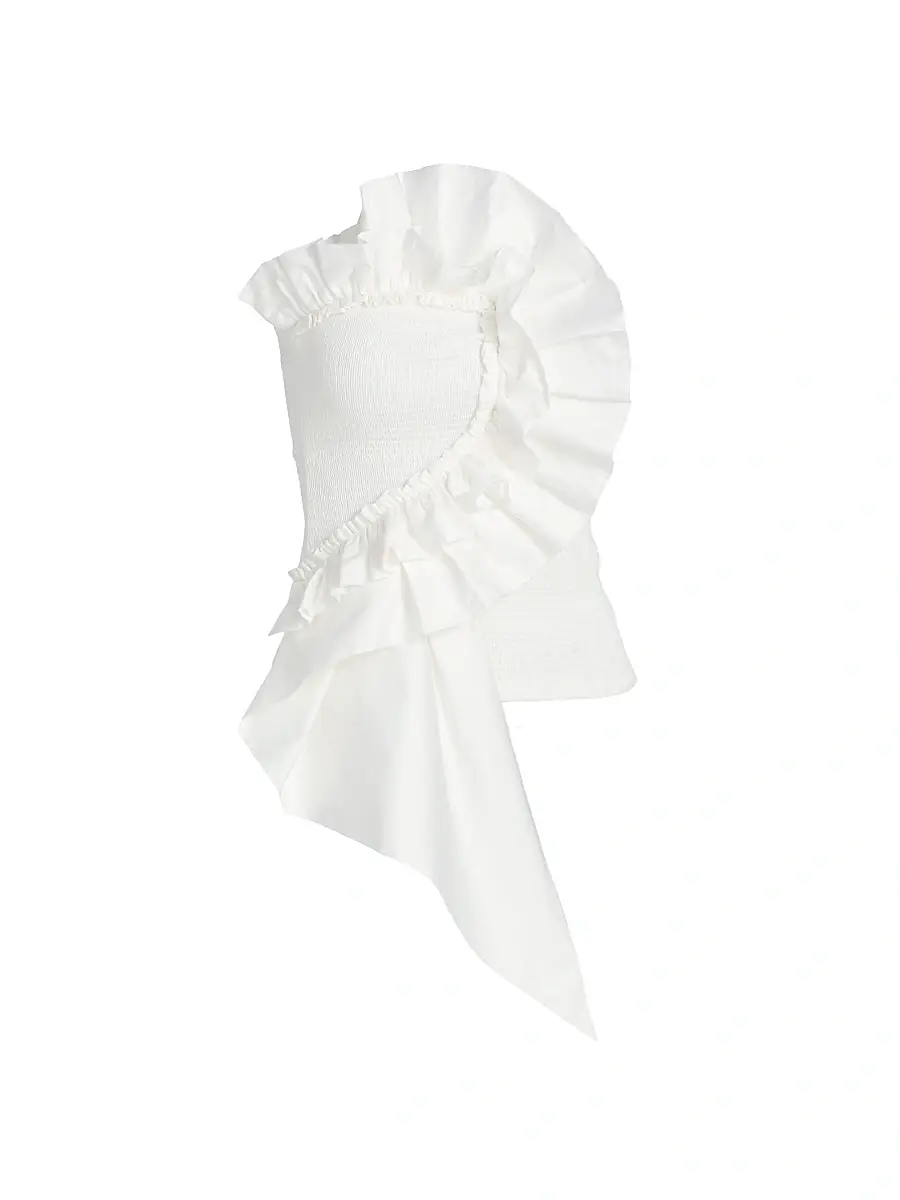 Farm Rio Women's Smocked Ruffled Cotton Strapless Top - White | Image 1 Farm Rio Women's Smocked Ruffled Cotton Strapless Top - White | Image 1