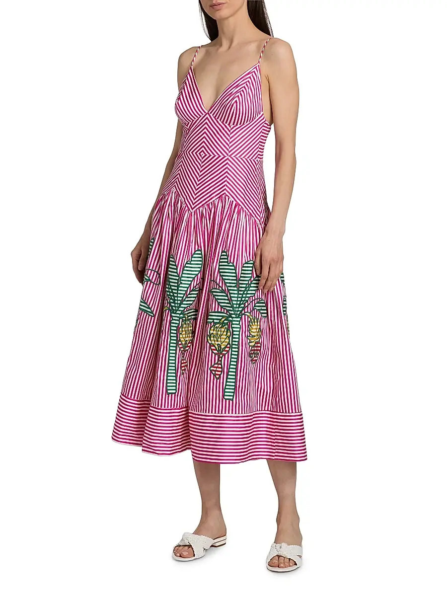 Farm Rio Women's Palm Tree Cutwork Striped Midi-Dress | Thumbnail 2 Farm Rio Women's Palm Tree Cutwork Striped Midi-Dress | Thumbnail 2