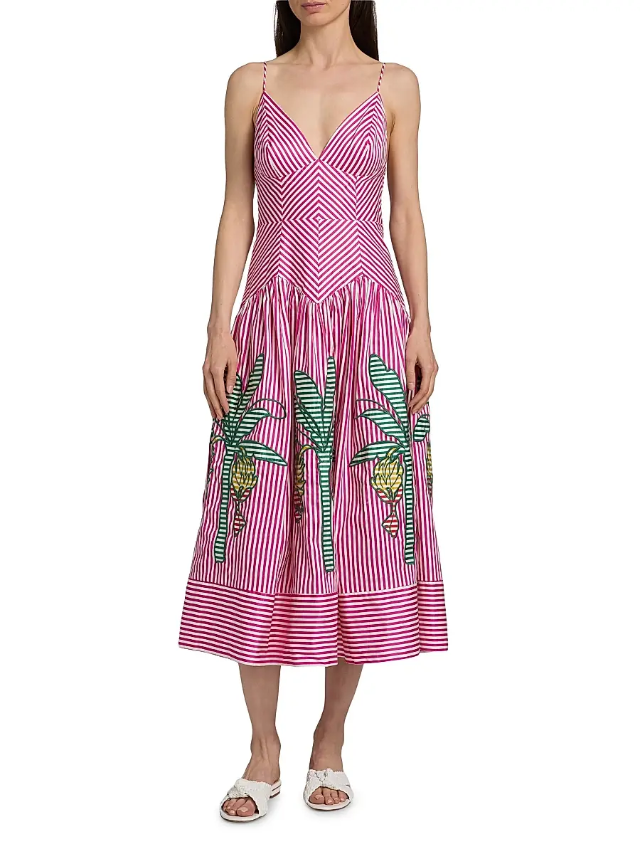 Farm Rio Women's Palm Tree Cutwork Striped Midi-Dress | Thumbnail 3 Farm Rio Women's Palm Tree Cutwork Striped Midi-Dress | Thumbnail 3