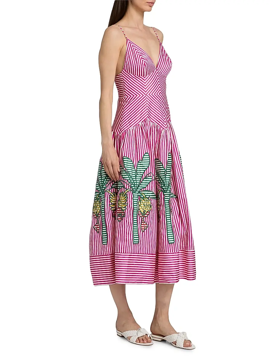 Farm Rio Women's Palm Tree Cutwork Striped Midi-Dress | Thumbnail 4 Farm Rio Women's Palm Tree Cutwork Striped Midi-Dress | Thumbnail 4