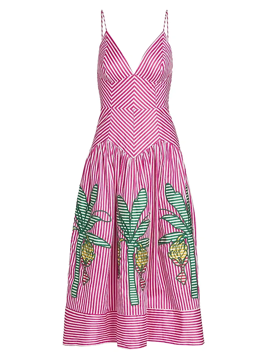 Farm Rio Women's Palm Tree Cutwork Striped Midi-Dress - Pink - Size XL | Image 1 Farm Rio Women's Palm Tree Cutwork Striped Midi-Dress - Pink - Size XL | Image 1