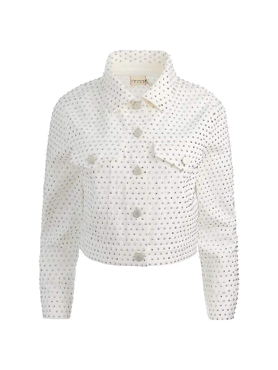 Alice + Olivia Women's Chloe Embellished Denim Crop Jacket - Off White Silver - Size XL | Image 1 Alice + Olivia Women's Chloe Embellished Denim Crop Jacket - Off White Silver - Size XL | Image 1