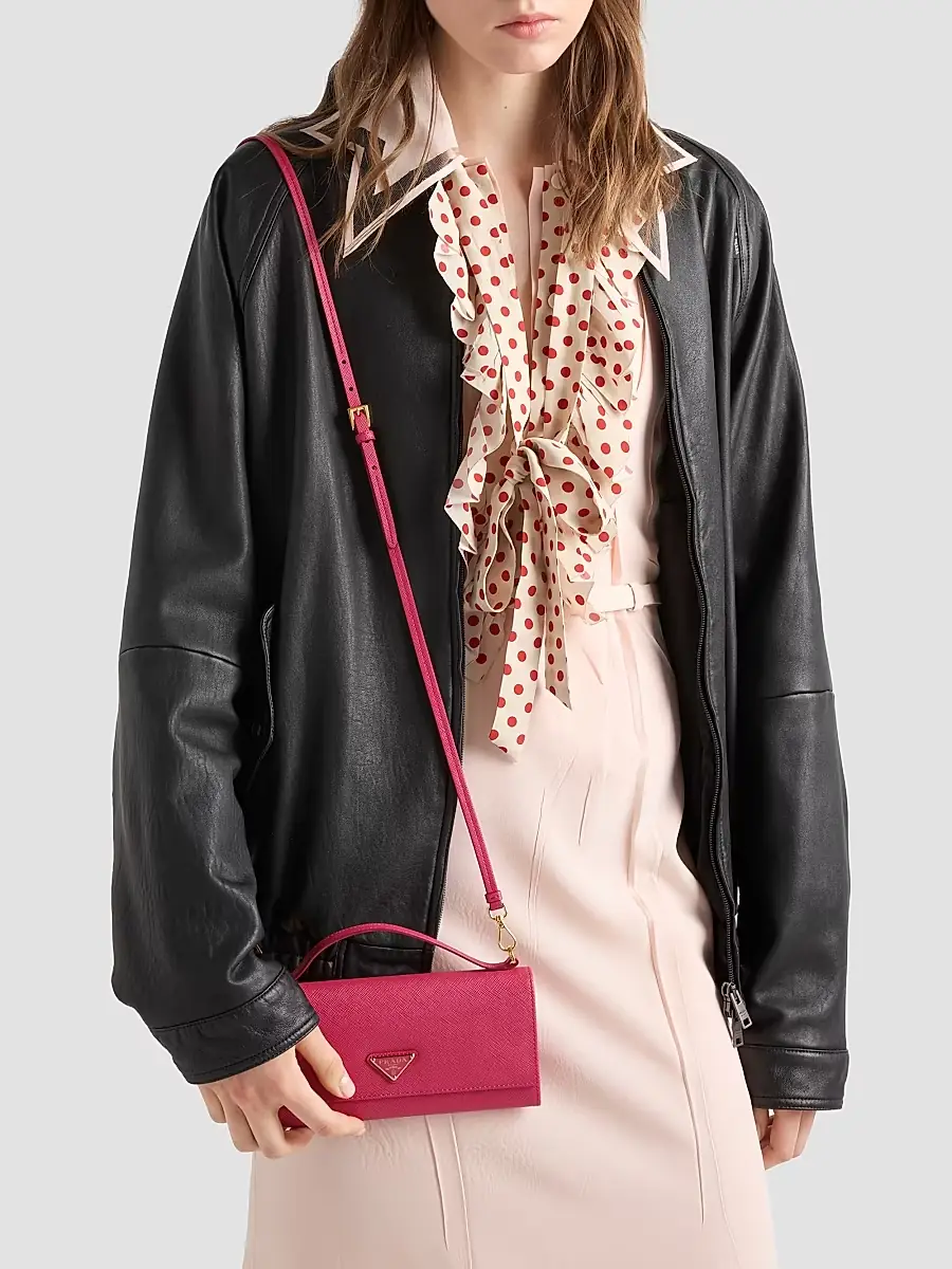 Prada Women's Saffiano Leather Wallet with Shoulder Strap - Pink | Thumbnail 2 Prada Women's Saffiano Leather Wallet with Shoulder Strap - Pink | Thumbnail 2