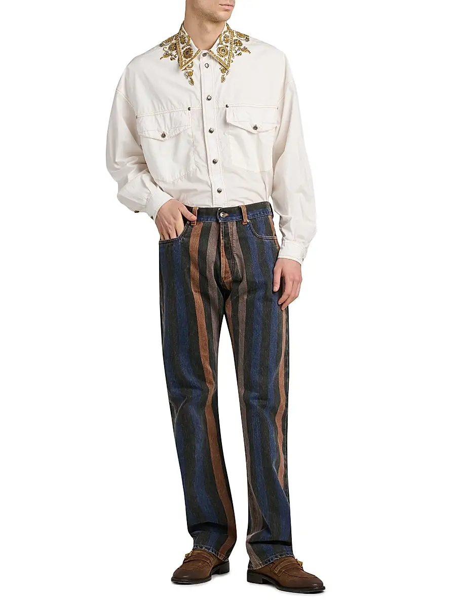 Versace Men's Striped Cotton Straight-Leg Jeans | Thumbnail 2 Versace Men's Striped Cotton Straight-Leg Jeans | Thumbnail 2