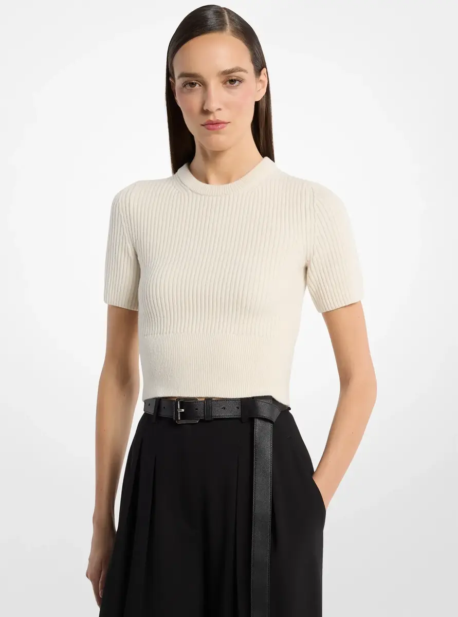 Michael Kors Collection Ribbed Cashmere Three-Quarter Sleeve Cropped Sweater in Natural | Thumbnail 2