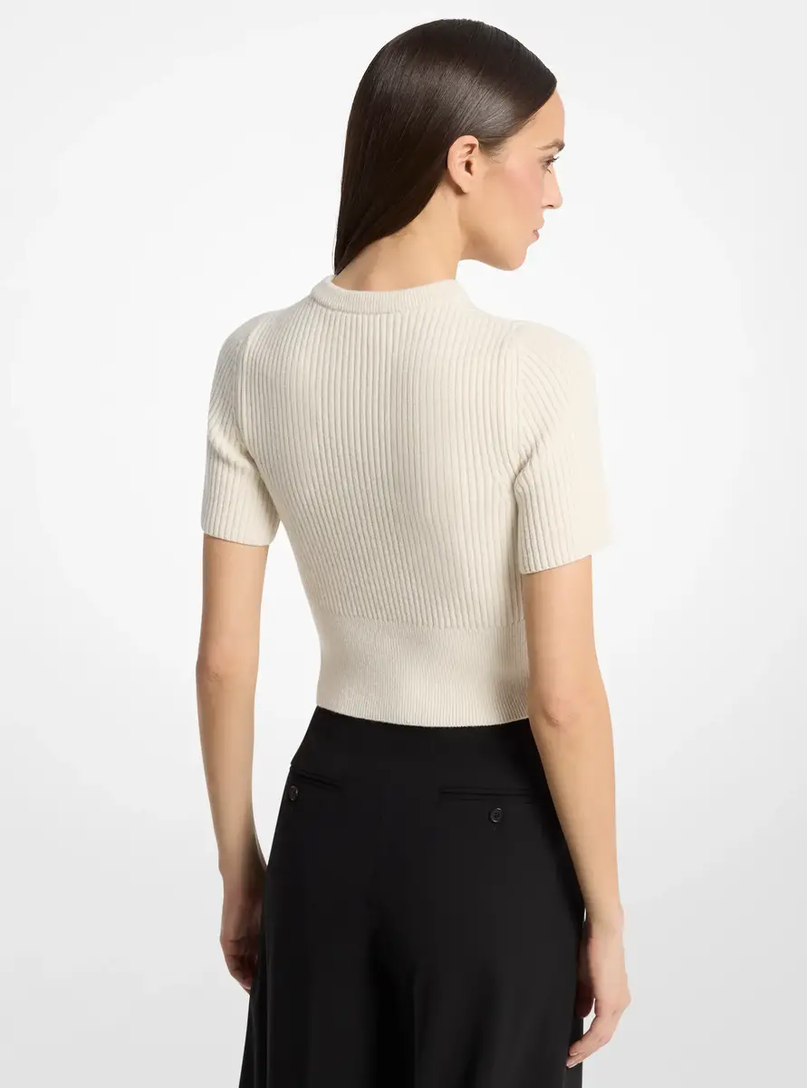 Michael Kors Collection Ribbed Cashmere Three-Quarter Sleeve Cropped Sweater in Natural | Thumbnail 3