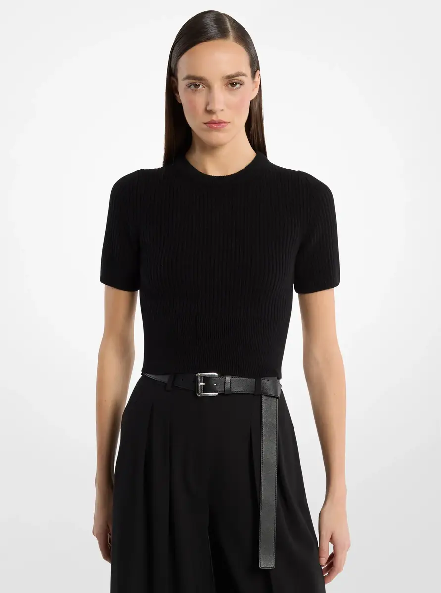 Michael Kors Collection Ribbed Cashmere Three-Quarter Sleeve Cropped Sweater in Natural | Thumbnail 5