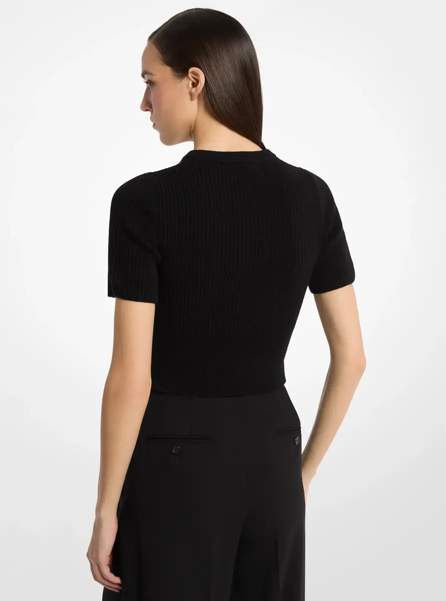 Michael Kors Collection Ribbed Cashmere Three-Quarter Sleeve Cropped Sweater in Natural | Thumbnail 6