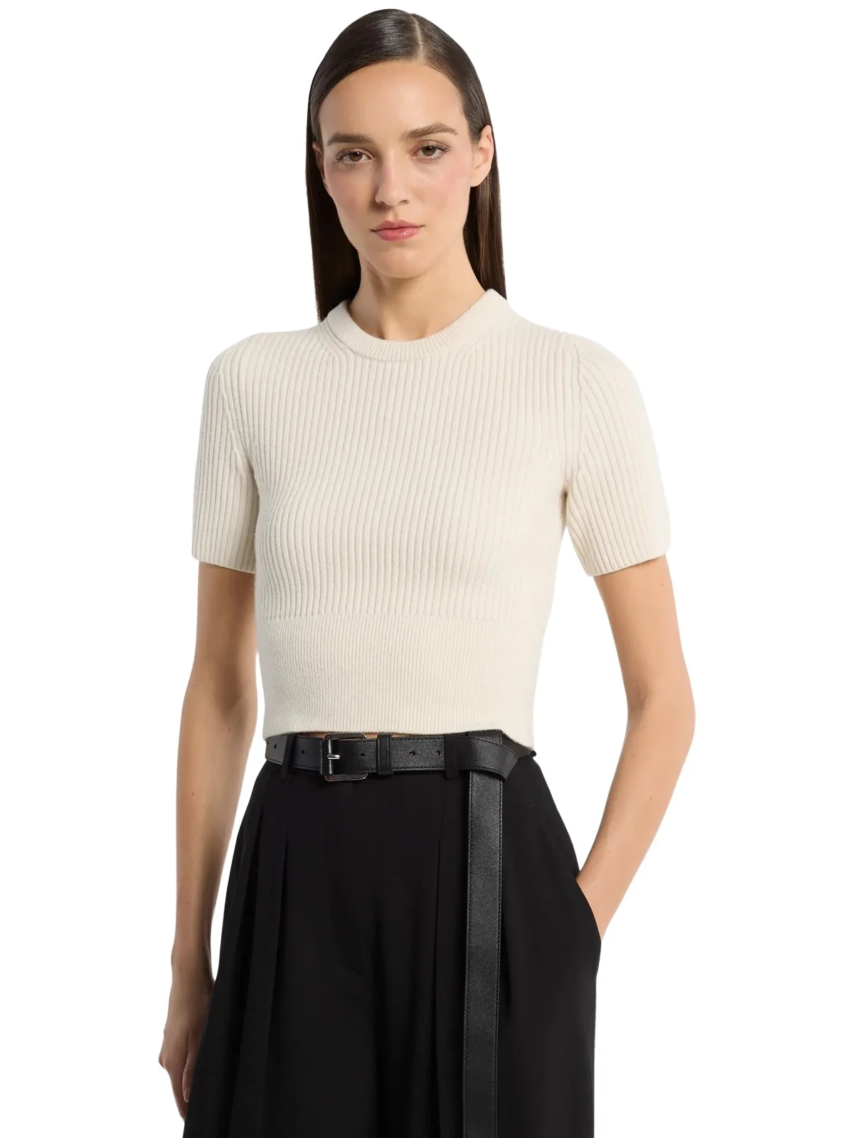 Ribbed Cashmere Three-Quarter Sleeve Cropped Sweater in Natural Ribbed Cashmere Three-Quarter Sleeve Cropped Sweater in Natural