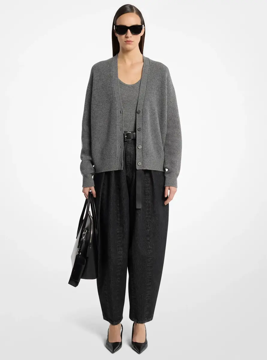 Michael Kors Collection Ribbed Cashmere Cardigan in Grey | Thumbnail 3