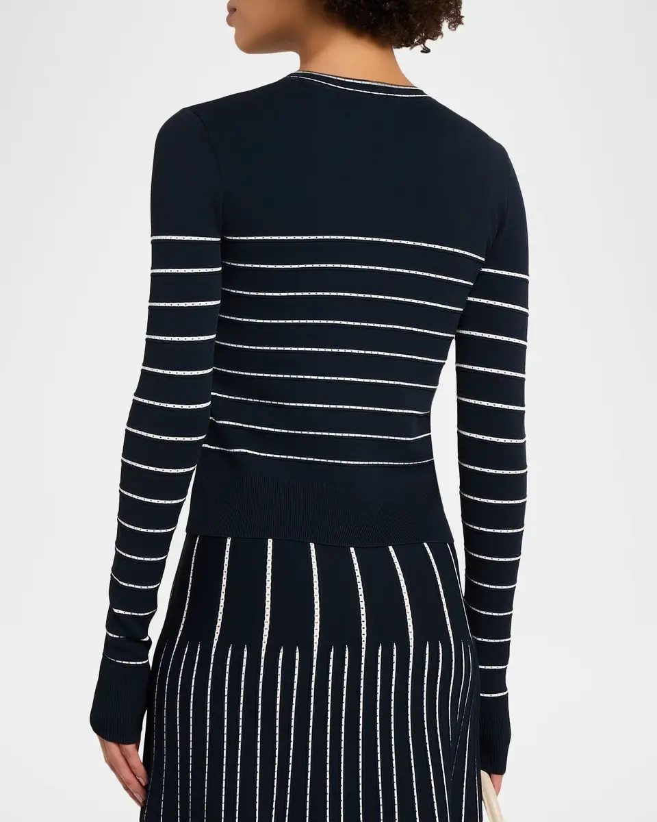 Adam Lippes Faye Pointelle Striped Crewneck Cardigan | Thumbnail 3