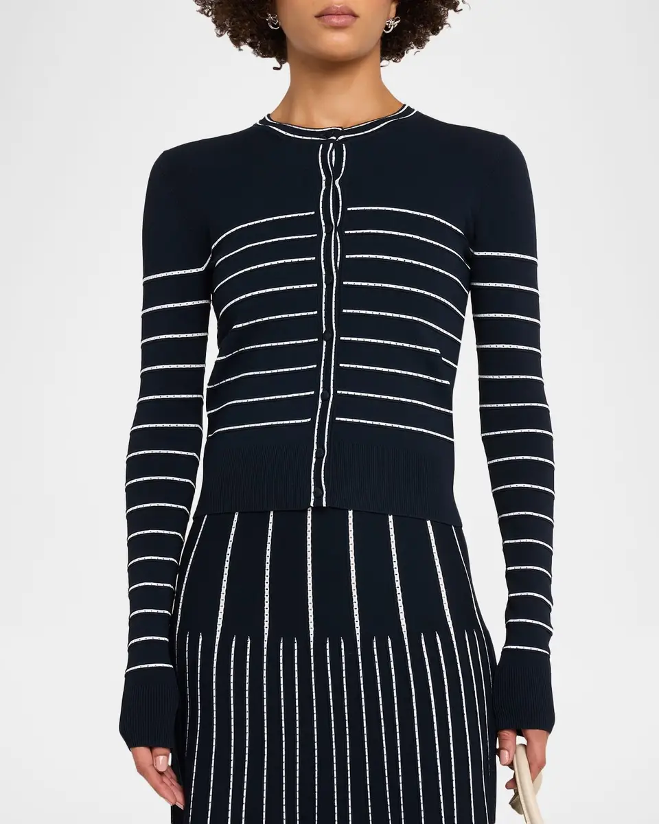 Adam Lippes Faye Pointelle Striped Crewneck Cardigan | Thumbnail 4